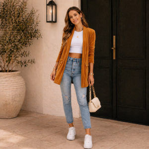 Gold Button-Up Long Sleeve Blazer with Pockets