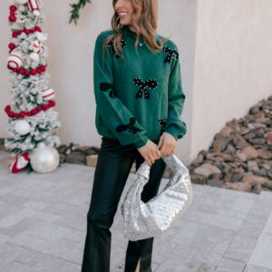 Blackish Green Pearl Bow Pattern Loose Sweater